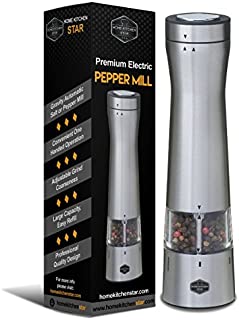 Premium Electric Pepper Grinder or Salt Mill - Bottom LED Light, Adjustable Coarseness, Automatic Battery Operated, One Handed Electronic, Black PepperMill, New Modern Design (Stainless Steel, 1 unit)