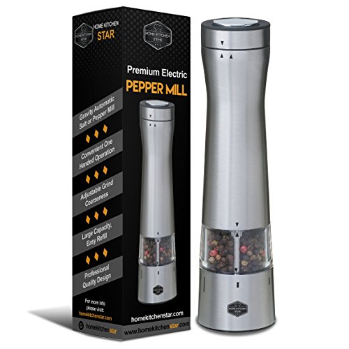 Premium Electric Pepper Grinder or Salt Mill - Bottom LED Light, Adjustable Coarseness, Automatic Battery Operated, One Handed Electronic, Black PepperMill, New Modern Design (Stainless Steel, 1 unit)