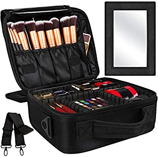 Kootek 2-Layers Travel Makeup Bag, Portable Train Cosmetic Case Organizer with Mirror Shoulder Strap Adjustable Dividers for Cosmetics Makeup Brushes Toiletry Jewelry Digital Accessories