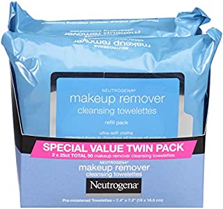 Neutrogena Makeup Remover Cleansing Towelettes, Daily Cleansing Face Wipes to Remove Waterproof Makeup and Mascara, Alcohol-Free, Value Twin Pack, 25 count, 2 Pack