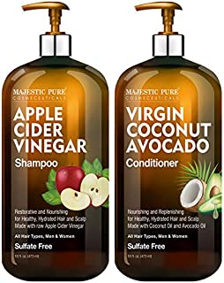 MAJESTIC PURE Apple Cider Vinegar Shampoo and Avocado Coconut Conditioner Set - Restores Shine & Reduces Itchy Scalp, Dandruff & Frizz - Sulfate Free, for All Hair Types, Men and Women - 2 x 16 fl oz