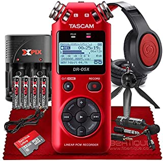 Tascam DR-05X Stereo Handheld Digital Audio Recorder with USB Audio Interface (Red) + Premium Bundle Including Headphones, Lavalier Microphone, 32GB SD Card, Tripod, Cables & Batteries With Charger