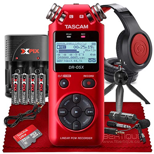 Tascam DR-05X Stereo Handheld Digital Audio Recorder with USB Audio Interface (Red) + Premium Bundle Including Headphones, Lavalier Microphone, 32GB SD Card, Tripod, Cables & Batteries With Charger