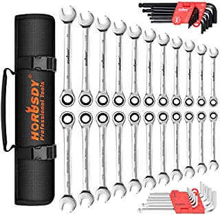 HORUSDY 22-Piece Ratcheting Wrench Set, SAE and Metric Ratchet Wrenches, Ratchet wrench set Gear With Organizer Pouch (Extra gift 26-Piece Allen Wrench Set)