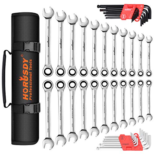 HORUSDY 22-Piece Ratcheting Wrench Set, SAE and Metric Ratchet Wrenches, Ratchet wrench set Gear With Organizer Pouch (Extra gift 26-Piece Allen Wrench Set)