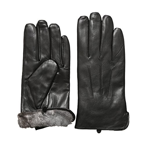 Rob Riverdale Men's Luxury Rabbit Fur Lined Genuine Soft Full-Hand Touchscreen Leather Gloves (LARGE)