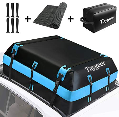 Taygeer Rooftop Cargo Carrier, 21 Cubic Feet Soft-Shell Waterproof Roof Top Luggage Carrier Roofbag for All Cars (Side Rails/Cross Bars/No Rack) with Storage Bag and Protective Mat