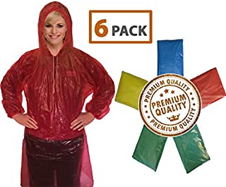 Rain Poncho for Adults (6 Pack) | Drawstring Hood and Elastic Sleeve Ends | 50% Thicker Quality Material | Emergency Disposable Rain Poncho | Assorted Colors | 100% Waterproof