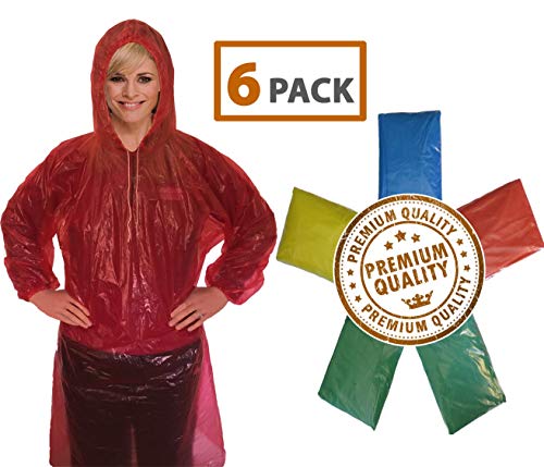 Rain Poncho for Adults (6 Pack) | Drawstring Hood and Elastic Sleeve Ends | 50% Thicker Quality Material | Emergency Disposable Rain Poncho | Assorted Colors | 100% Waterproof