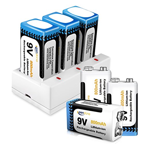 9V Rechargeable Li-ion Batteries 800mAh 6 Pack with Keenstone 9 Volt Battery Charger