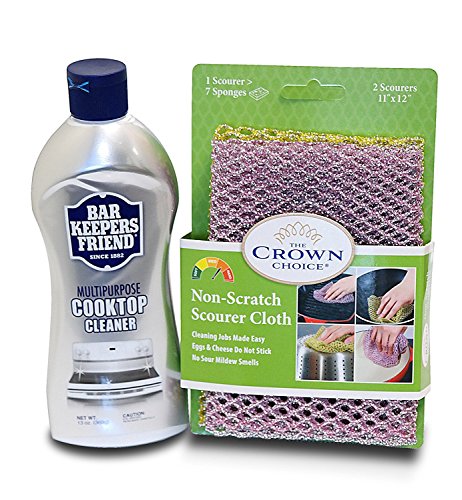 BAR KEEPERS FRIEND Cooktop Cleaner Kit. Liquid (13 OZ) and Non Scratch Scouring Dishcloth | Multipurpose, Glass Ceramic Stovetop, Soft Cleaner and Non Scratch Dish Cloth