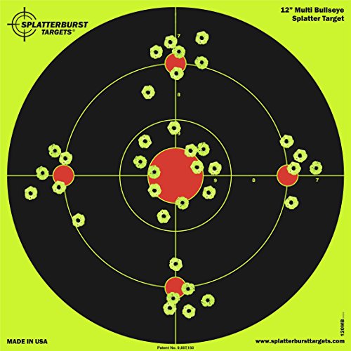 Splatterburst Targets - 12 inch Multi-Bullseye Reactive Shooting Target - Shots Burst Bright Fluorescent Yellow Upon Impact - Gun - Rifle - Pistol - AirSoft - BB Gun - Pellet Gun - Air Rifle (25 Pack)