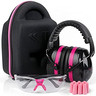 TRADESMART Shooting Ear-Protection Earmuffs and Glasses - Earplugs Clear Safety Glasses - UV400 and Anti Fog Eye Protection - Combined NRR38 Ear Muffs for Shooting, Construction, Hunting - Pink