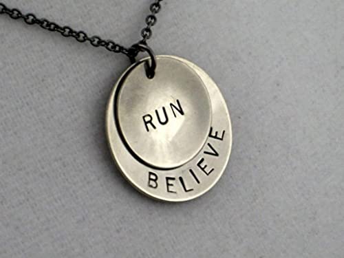 Believe in your Run Necklace - Hand Stamped Nickel Silver Pendants in 18 inch Gunmetal Chain