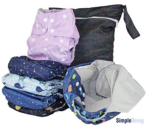 Simple Being Reusable Cloth Diapers, Double Gusset, One Size Adjustable, Washable Soft Absorbent, Waterproof Cover, Eco-Friendly Unisex Baby Girl Boy, six 4-Layers Microfiber Inserts (Constellation)