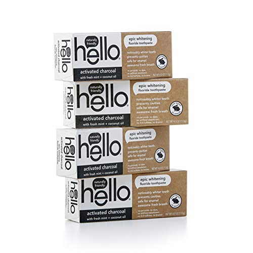 Hello Oral Care Activated Charcoal Fluoride Whitening Toothpaste, Vegan & SLS Free, 4Count