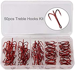 JSHANMEI 50pcs Fishing Treble Hooks Kit - High Carbon Steel Hooks Strong Sharp Unique Bend Red Treble Fishing Hooks for Hard Bait Lures Saltwater Freshwater Fishing