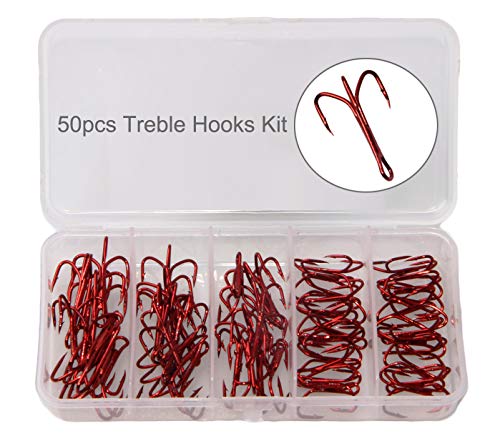 JSHANMEI 50pcs Fishing Treble Hooks Kit - High Carbon Steel Hooks Strong Sharp Unique Bend Red Treble Fishing Hooks for Hard Bait Lures Saltwater Freshwater Fishing