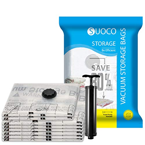 SUOCO Vacuum Storage Bags 8 Pack (6 x Medium + 2 x Small) Space Saver Compression Bags with Hand Pump