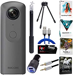 Ricoh Theta V 360-Degree Spherical 4K HD Digital Camera Selfie Stick, & Video Editing Software Bundle