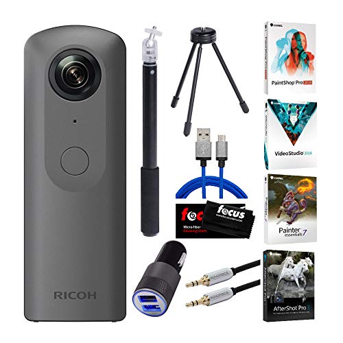 Ricoh Theta V 360-Degree Spherical 4K HD Digital Camera Selfie Stick, & Video Editing Software Bundle