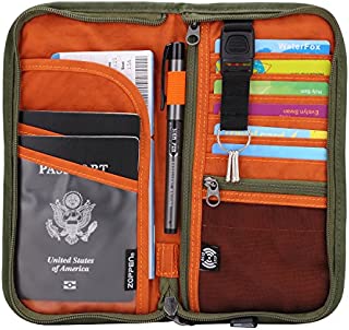 Zoppen RFID Travel Passport Wallet & Documents Organizer Zipper Case with Removable Wristlet Strap, Army Green