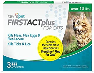 TevraPet FirstAct Plus Flea and Tick Topical for Cats over 1.5lbs, 3 Dose Flea and Tick Prevention. Waterproof Flea and Tick Control for 3 Months