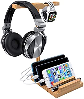 Headphone Stand with USB Charger, World Backyard Bamboo Charging Station with Dual Hanger for Desktop Gaming Headset or Apple Watch. 3 Pcs Different Version Charging Cable Included.