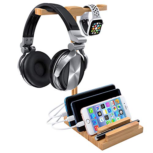 Headphone Stand with USB Charger, World Backyard Bamboo Charging Station with Dual Hanger for Desktop Gaming Headset or Apple Watch. 3 Pcs Different Version Charging Cable Included.