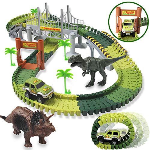 HOMOFY Dinosaur Toys 142pcs Slot Car Race Flexible Tracks 2 Dinosaurs,Create A Road Toys for 3 4 5 6 Year Old Boys Girls Toddlers Birthday Gifts