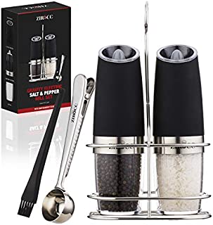 Gravity Electric Salt and Pepper Grinder Set-Battery Operated Salt & Pepper Grinder set have Adjustable Coarseness-Automatic Salt & Pepper Mill feature Blue LED light with a Bonus Stand, Brush &Spoon