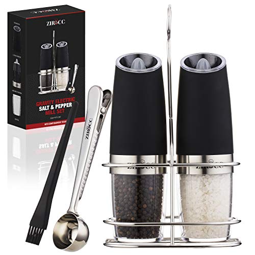 Gravity Electric Salt and Pepper Grinder Set-Battery Operated Salt & Pepper Grinder set have Adjustable Coarseness-Automatic Salt & Pepper Mill feature Blue LED light with a Bonus Stand, Brush &Spoon