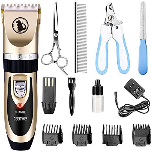 Ceenwes Dog Clippers Low Noise Pet Clippers Rechargeable Dog Trimmer Cordless Pet Grooming Tool Professional Dog Hair Trimmer with Comb Guides Scissors Nail Kits for Dogs Cats & Other