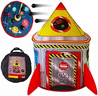 Playz 5-in-1 Rocket Ship Play Tent for Kids with Dart Board, Tic Tac Toe, Maze Game, & Immersive Floor - Indoor & Outdoor Popup Playhouse Set for Toddler, Baby, & Children Birthday Gifts