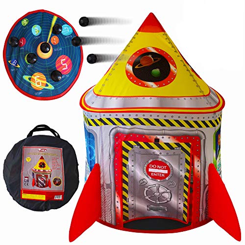 Playz 5-in-1 Rocket Ship Play Tent for Kids with Dart Board, Tic Tac Toe, Maze Game, & Immersive Floor - Indoor & Outdoor Popup Playhouse Set for Toddler, Baby, & Children Birthday Gifts