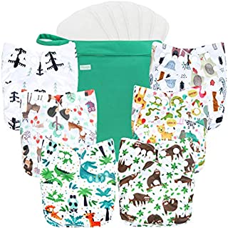wegreeco Washable Reusable Baby Cloth Pocket Diapers 6 Pack + 6 Bamboo Inserts (with 1 Wet Bag, Forest, Animals)