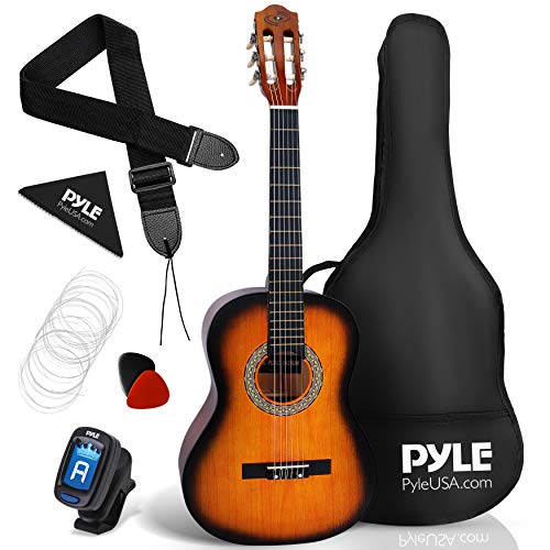 Beginner 36 Classical Acoustic Guitar - 3/4 Junior Size 6 String Linden Wood Guitar w/Gig Bag, Tuner, Nylon Strings, Picks, Strap, for Beginners, Adults - Pyle PGACLS82SUN (Sun Burst)