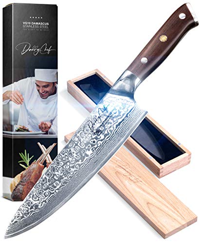 Daddy Chef Chef Knife 8 inch - Damascus Blade from Japanese 67 Layer Stainless Steel - Professional kitchen chefs chopping carving knife - Hammered Finish - Ultra Sharp - Precision Cutting