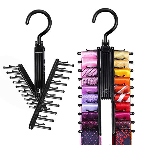 IPOW Upgraded 2 PCS See Everything Cross X 20 Tie Rack Holder,Rotate to Open/Close Tie and Belt Hanger With Non-Slip Clips,360 Degree Swivel Space Saving Organizer