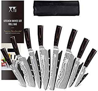 XYJ 8-pieces Stainless Steel Chef Knives Set Razor Sharp Paring Utility Santoku Knife Cleaver Slicing Bread Kitchen Knife With Carry Case Bag & Sheath