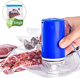 Sous Vide Bags BPA Free Reusable Food Vacuum Sealer Bags, with Rechargeable Vacuum Pump, for Food Storage, Space Saving and Freezer Safe, Fits Any Sous Vide Cooker, 10 Zipper Bags (5 Large + 5 Medium)