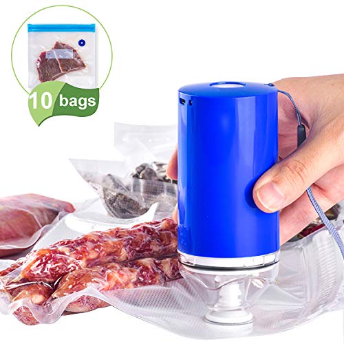 Sous Vide Bags BPA Free Reusable Food Vacuum Sealer Bags, with Rechargeable Vacuum Pump, for Food Storage, Space Saving and Freezer Safe, Fits Any Sous Vide Cooker, 10 Zipper Bags (5 Large + 5 Medium)