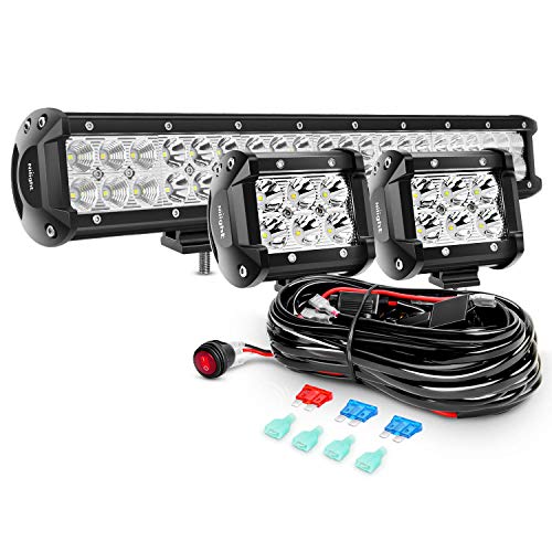 Nilight ZH002 20Inch 126W Flood Combo Road Light Bar 2PCS 18w 4Inch Spot LED Pods with 16AWG Wiring Harness Kit-2 Lead, 2 Years Warranty