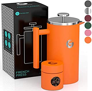 Coffee Gator French Press Coffee Maker - Thermal Insulated Brewer Plus Travel Jar - Large Capacity, Double Wall Stainless Steel - 34oz - Orange