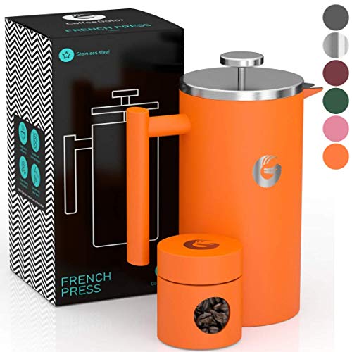 Coffee Gator French Press Coffee Maker - Thermal Insulated Brewer Plus Travel Jar - Large Capacity, Double Wall Stainless Steel - 34oz - Orange