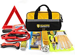 Kitgo Car Emergency Kit, Premium Roadside Assistance Essentials with Jumper Cables, Flashlight, Tow Rope, Life Hammer - Ideal Auto Road Safety Kit for Winter, Survival, Truck, RV and More (Yellow)