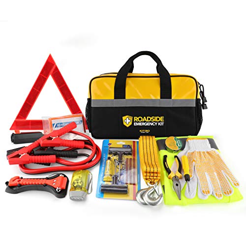 Kitgo Car Emergency Kit, Premium Roadside Assistance Essentials with Jumper Cables, Flashlight, Tow Rope, Life Hammer - Ideal Auto Road Safety Kit for Winter, Survival, Truck, RV and More (Yellow)