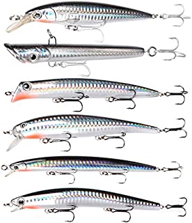 Dr.Fish Assorted 6 Jerkbait Minnow Plugs Popper 5in Hardbaits Kit Saltwater Lure Surf Fishing Striper Bass Redfish Mackerel Musky Black Silver