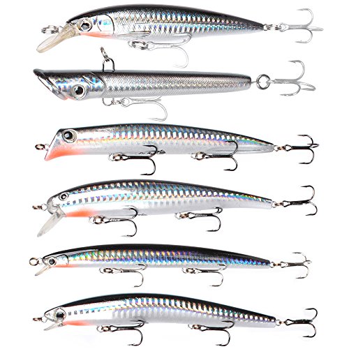 Dr.Fish Assorted 6 Jerkbait Minnow Plugs Popper 5in Hardbaits Kit Saltwater Lure Surf Fishing Striper Bass Redfish Mackerel Musky Black Silver