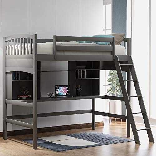 Merax Twin Loft Bed, Solid Wood Twin Size Loft Bed with Shelves and Desk for Kids/Teens/Adults (Grey)